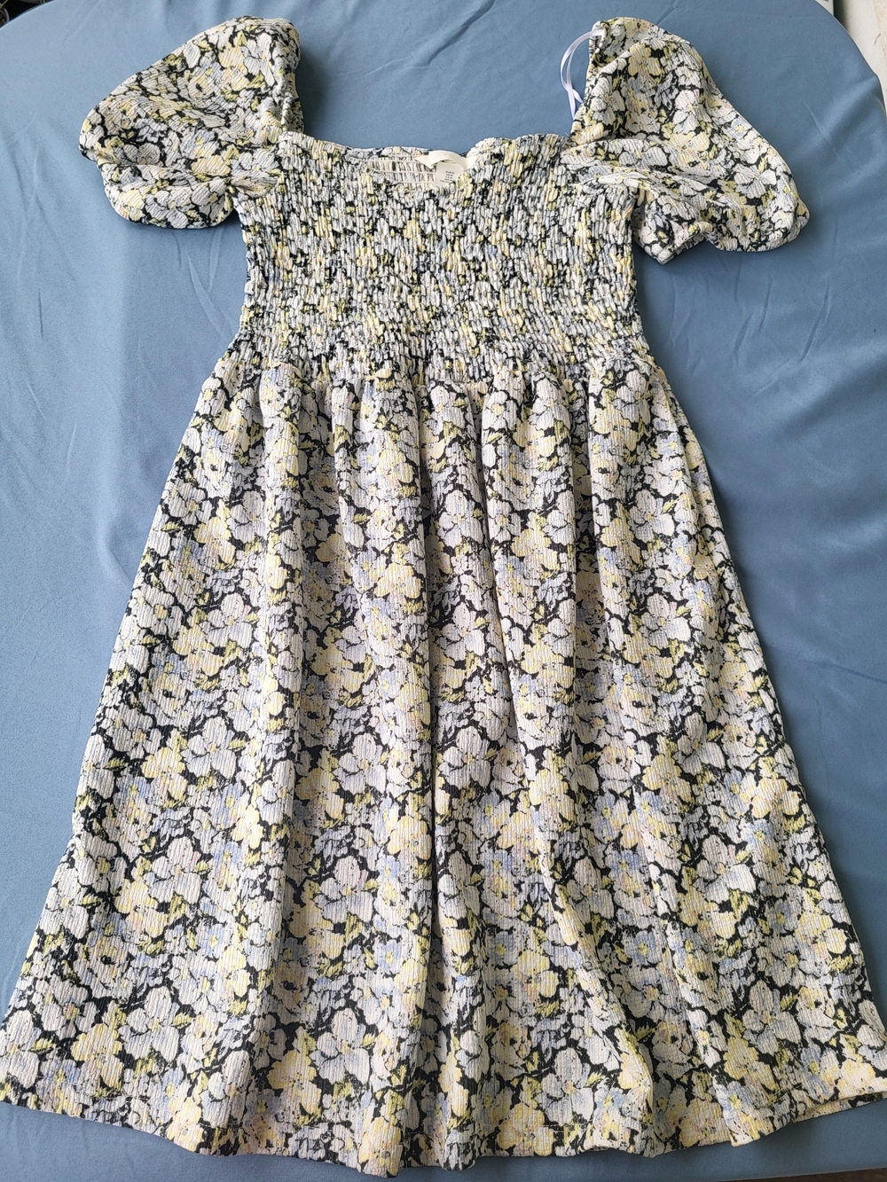 H&M Yellow, Black & White Floral Smocked Puff-Sleeve Dress